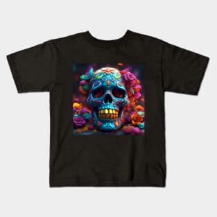 Flower Decorated Blue Skull Kids T-Shirt